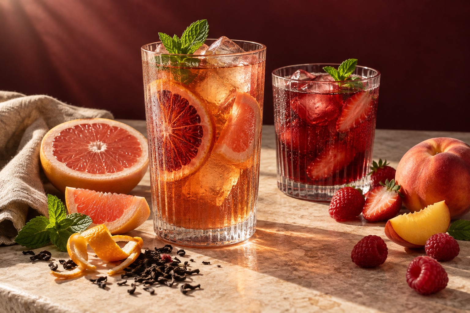 Glasses of citrus and berry iced tea surrounded by fruit