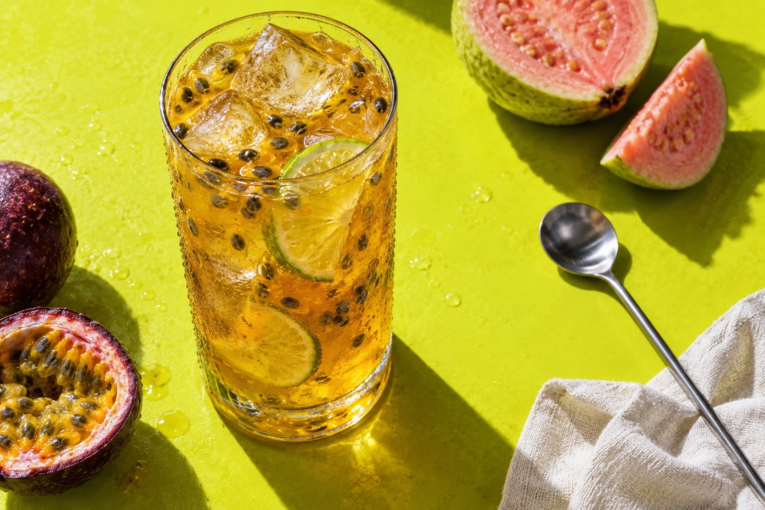 Iced passionfruit tea, cut guava, and passion fruit on a vivid yellow-green surface